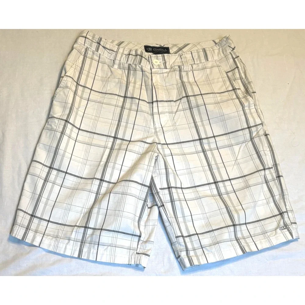 O'Neill Plaid Walk Shorts Mens 32 White Grey‎ Casual Summer Flat Front